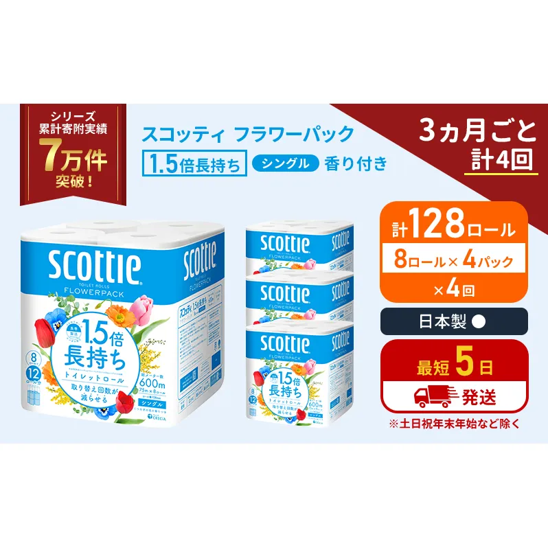 定期便 トイレットペーパー シングル 1.5倍長持ち 128ロール (8ロール×4パック)《3ヶ月ごと計4回》 フラワーパック 香り付き スコッティ トイレットペーパーシングル 長持ち 長持ちロール 防災 災害 日用品 生活用品 生活必需品 宮城県 岩沼市