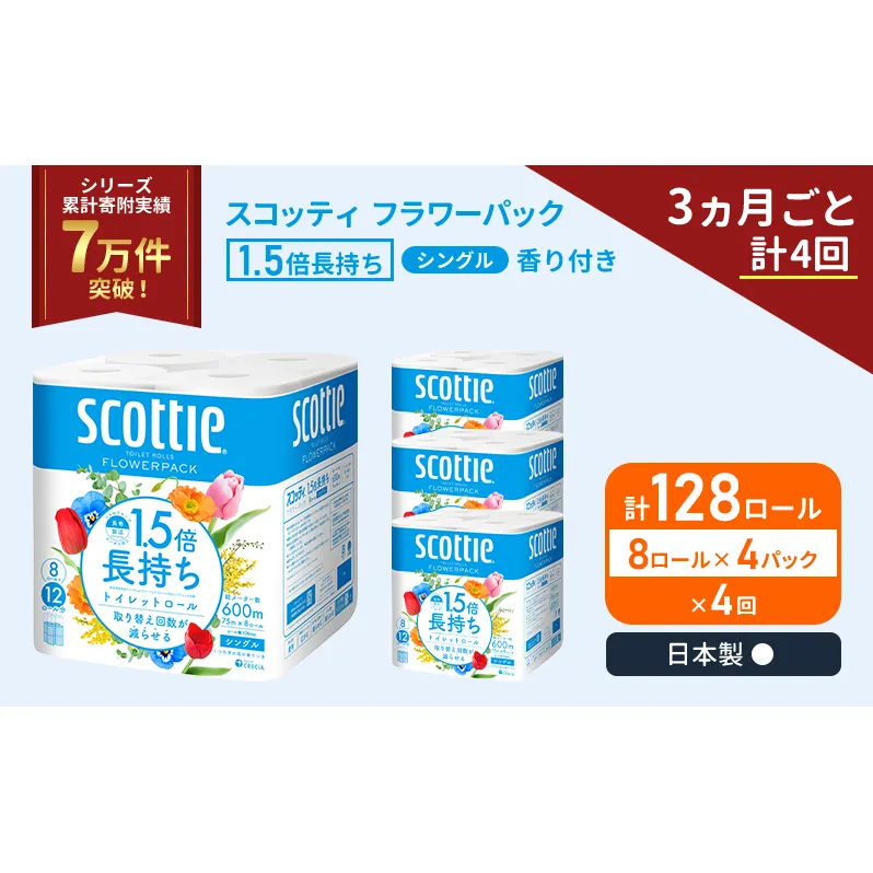 定期便 トイレットペーパー シングル スコッティ 1.5倍長持ち 128ロール ( 8ロール × 4パック)《 3ヶ月ごと 計  4回 》 フラワーパック 香り付き