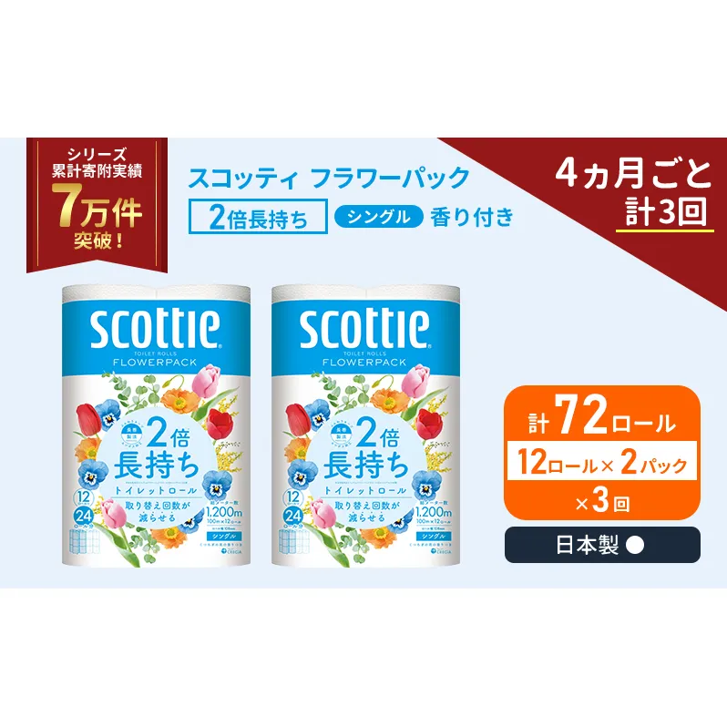 定期便 トイレットペーパー シングル スコッティ 2倍長持ち 72ロール ( 12ロール × 2パック )《 4ヶ月ごと 計  3回 》 フラワーパック 香り付き