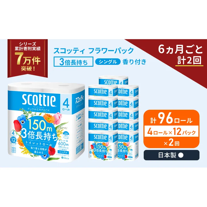 定期便 トイレットペーパー シングル フラワーパック 3倍長持ち 96ロール (4ロール×12パック) 《6ヶ月ごと計2回》香り付き スコッティ トイレットペーパーシングル スコッティ3倍長持ち 長持ち 防災 災害 生活用品 宮城県 岩沼市