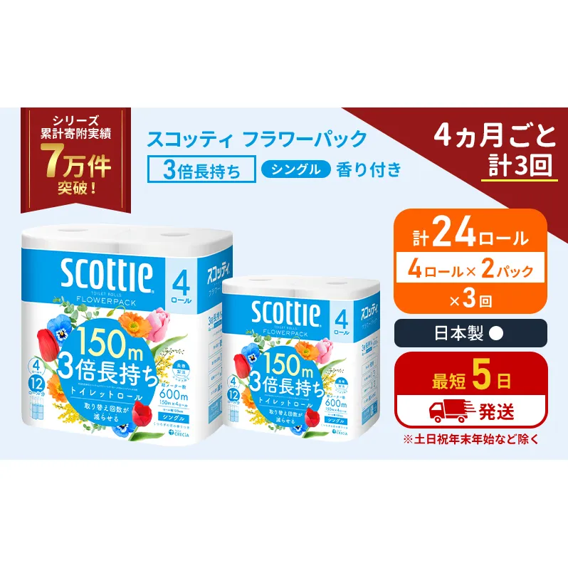 定期便 トイレットペーパー シングル フラワーパック 3倍長持ち 24ロール (4ロール×2パック) 《4ヶ月ごと計3回》香り付き スコッティ トイレットペーパーシングル スコッティ3倍長持ち 長持ち 防災 災害 生活用品 生活必需品 宮城県 岩沼市