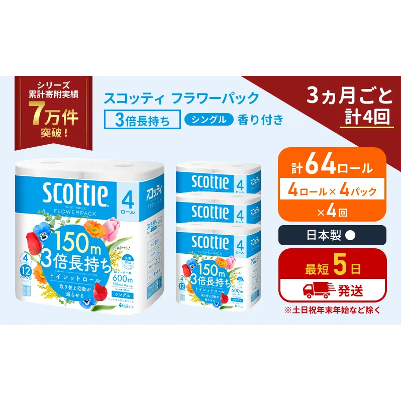 定期便 トイレットペーパー シングル フラワーパック 3倍長持ち 64ロール (4ロール×4パック) 《3ヶ月ごと計4回》香り付き スコッティ トイレットペーパーシングル スコッティ3倍長持ち 長持ち 防災 災害 生活用品 生活必需品 宮城県 岩沼市