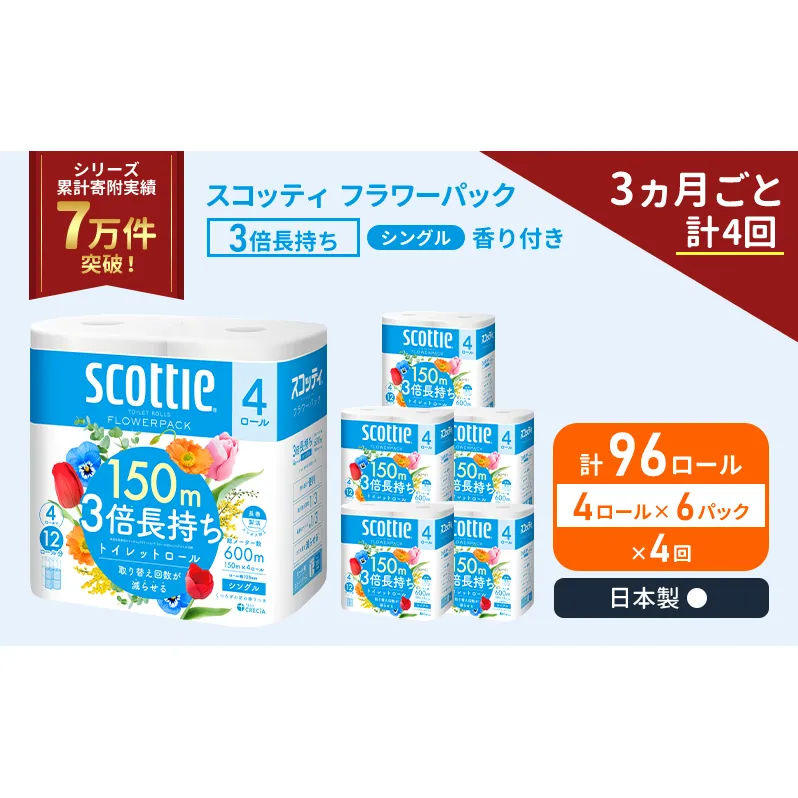 定期便 トイレットペーパー シングル フラワーパック 3倍長持ち 96ロール (4ロール×6パック) 《3ヶ月ごと計4回》香り付き スコッティ トイレットペーパーシングル スコッティ3倍長持ち 長持ち 防災 災害 生活用品 生活必需品 宮城県 岩沼市