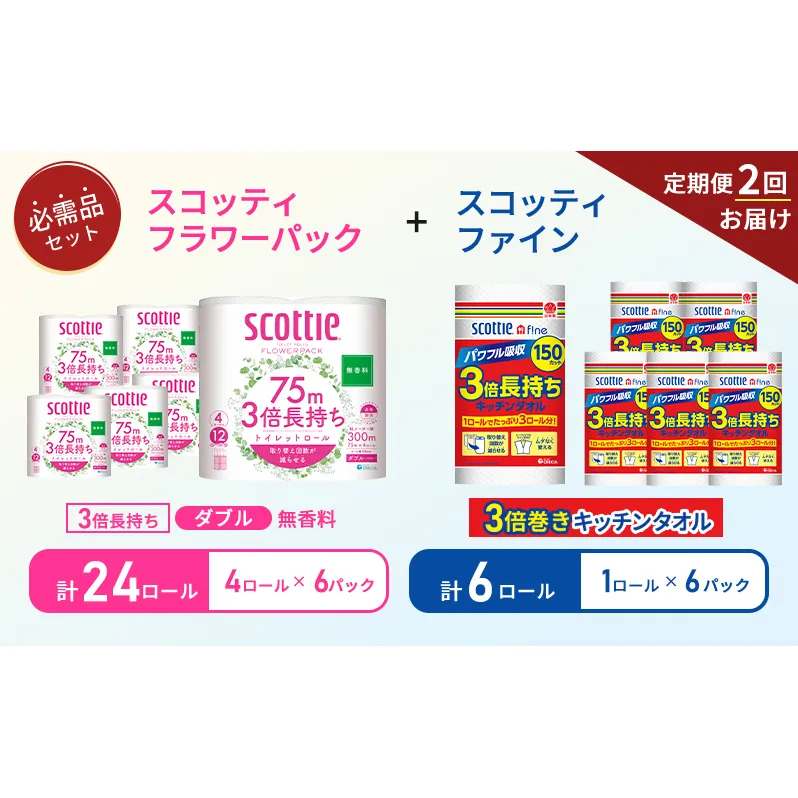 【6ヶ月ごと計2回お届け】キッチンペーパー 6パック入 スコッティ ファイン 1ロール 3倍 150カット トイレットペーパー ダブル スコッティ3倍長持ち 4ロール×6パック フラワーパック 無香料 長持ち 防災 災害 日用品 生活用品 生活必需品