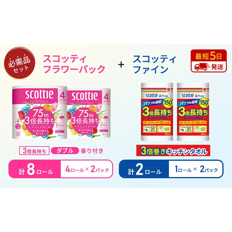 【 岩沼市オリジナル 】キッチンペーパー 2パック入 ファイン 1ロール 150カット トイレットペーパー ダブル スコッティ 3倍長持ち 4ロール入 × 2パック フラワーパック 香り付き