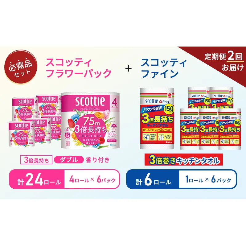 【 6ヶ月ごと計 2回お届け 】キッチンペーパー 6パック入 スコッティ ファイン 1ロール 150カット トイレットペーパー ダブル 4ロール × 6パック フラワーパック