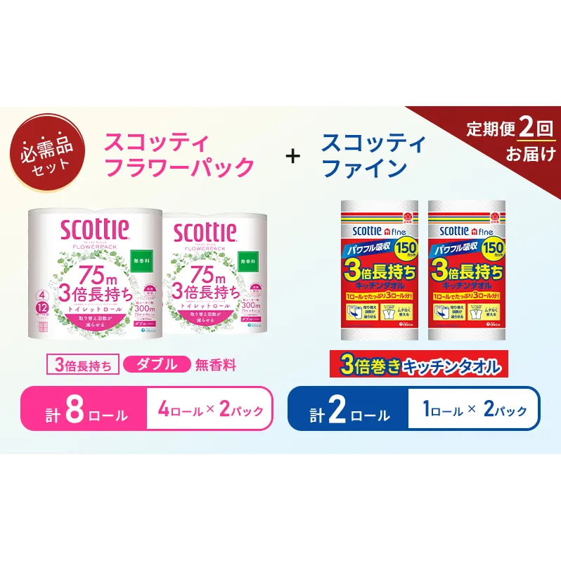 【6ヶ月ごと計2回お届け】キッチンペーパー 2パック入 スコッティ ファイン 1ロール 3倍 150カット トイレットペーパー ダブル 3倍 長持ち 4ロール入×2パック スコッティ フラワーパック 無香料 長持ち 防災 災害 日用品 生活用品 生活必需品