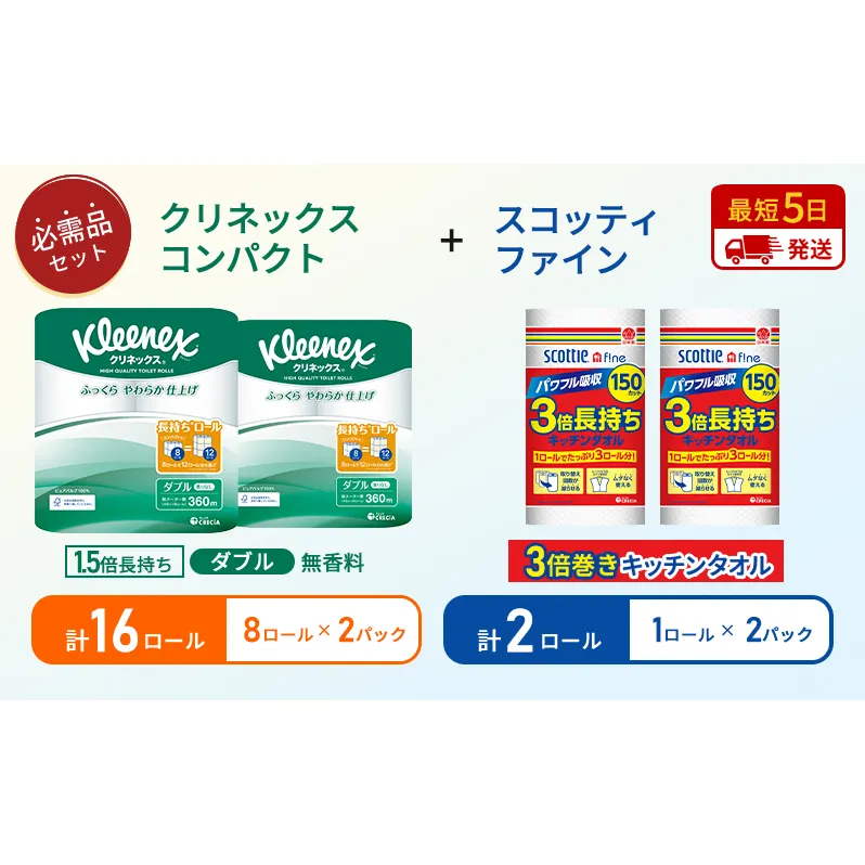 【岩沼市オリジナル】キッチンペーパー 2パック入 スコッティ ファイン 1ロール 3倍 150カット トイレットペーパー ダブル 1.5 倍巻き 8ロール入×2パック クリネックス コンパクト 無香料 長持ち 防災 災害 日用品 生活用品 生活必需品