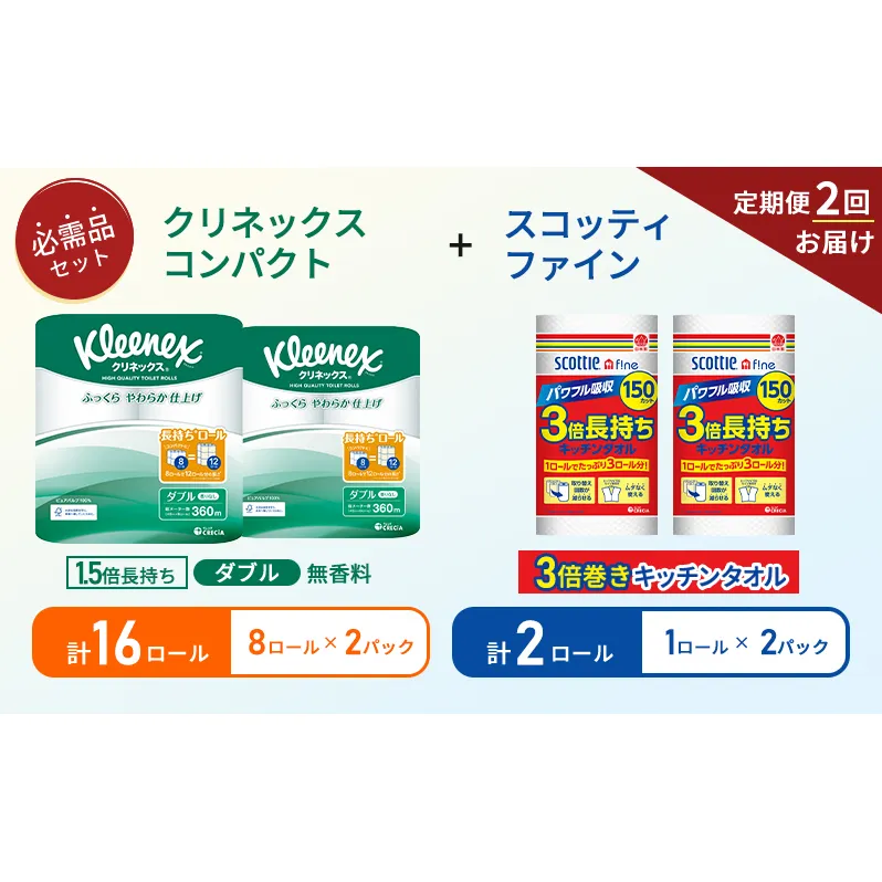 【6ヶ月ごと計2回お届け】キッチンペーパー 2パック入 スコッティ ファイン 1ロール 3倍 150カット トイレットペーパー ダブル 1.5 倍巻き 8ロール入×2パック クリネックス コンパクト 無香料 長持ち 防災 災害 日用品 生活用品 生活必需品