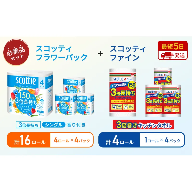 キッチンペーパー 4パック入 スコッティ ファイン 1ロール 3倍 150カット トイレットペーパー シングル フラワーパック 3倍長持ち 16ロール (4ロール×4パック) 香り付き 長持ち 防災 災害 日用品 生活用品 生活必需品