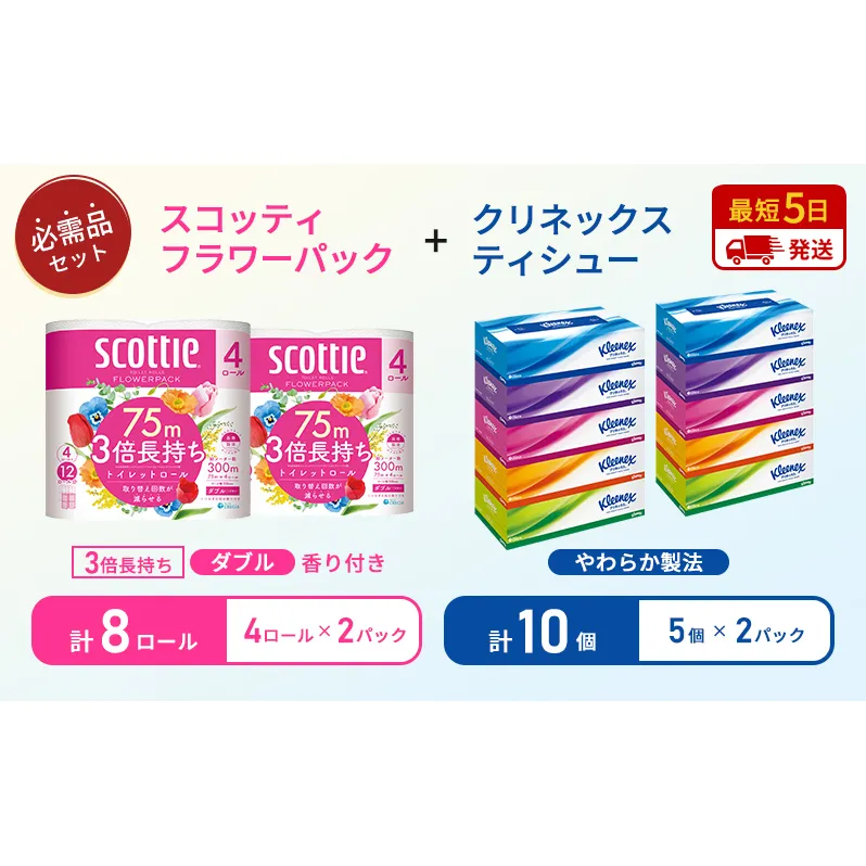【岩沼市オリジナル】ティッシュ クリネックス ティシュー 5箱入×2パック トイレットペーパー ダブル 3倍 長持ち 4ロール入×2パック スコッティ フラワーパック 香り付き 長持ち 防災 災害 日用品 生活用品 生活必需品