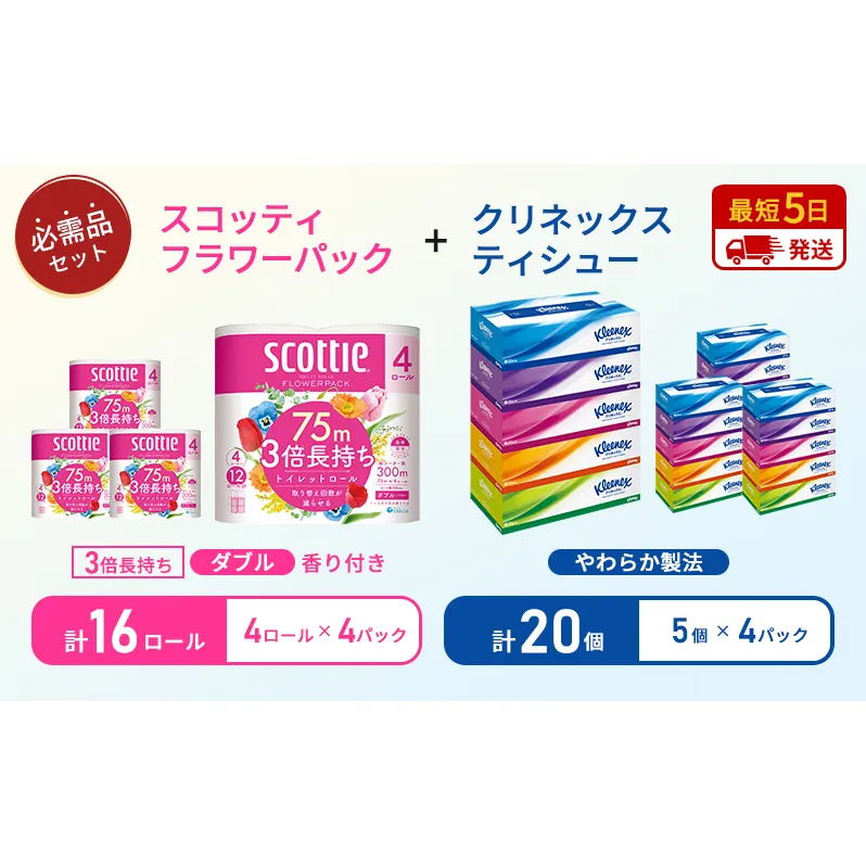 【岩沼市オリジナル】ティッシュ クリネックス ティシュー 5箱入×4パック トイレットペーパー ダブル 3倍 長持ち 4ロール入×4パック スコッティ フラワーパック 香り付き 長持ち 防災 災害 日用品 生活用品 生活必需品