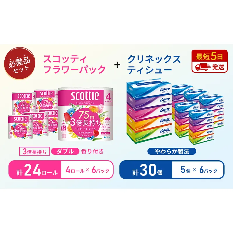 ティッシュ クリネックス ティシュー 5箱入×6パック トイレットペーパー ダブル スコッティ3倍長持ち 4ロール×6パック フラワーパック 香り付き 長持ち 防災 災害 日用品 生活用品 生活必需品