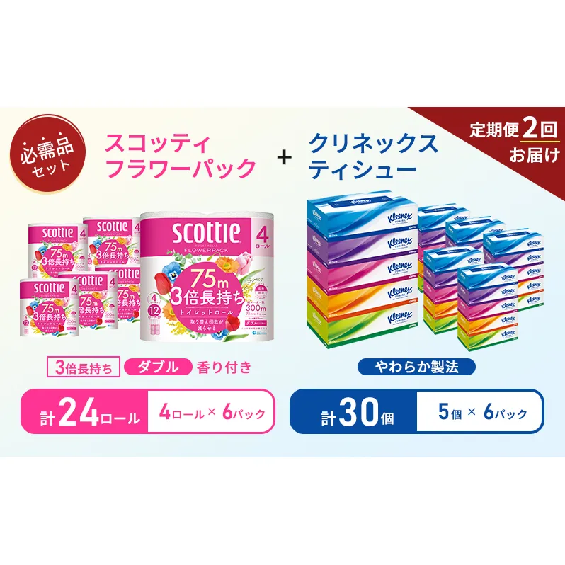 【6ヶ月ごと計2回お届け】ティッシュ クリネックス ティシュー 5箱入×6パック トイレットペーパー ダブル スコッティ3倍長持ち 4ロール×6パック フラワーパック 香り付き 長持ち 防災 災害 日用品 生活用品 生活必需品