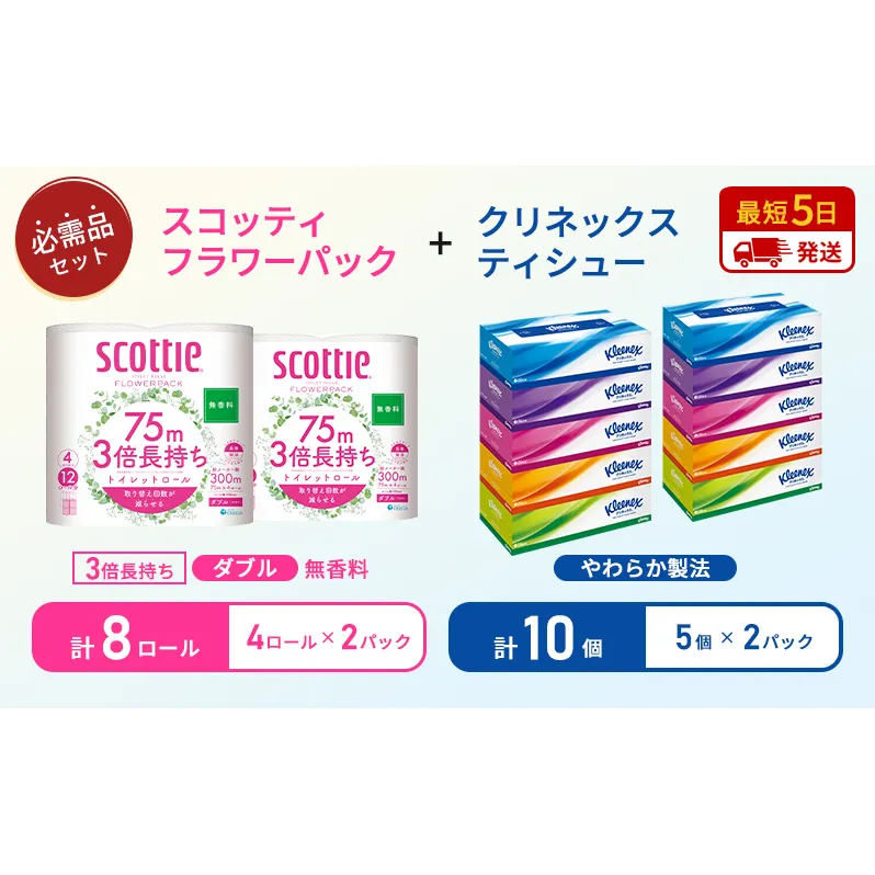 【岩沼市オリジナル】ティッシュ クリネックス ティシュー 5箱入×2パック トイレットペーパー ダブル 3倍 長持ち 4ロール入×2パック スコッティ フラワーパック 無香料 長持ち 防災 災害 日用品 生活用品 生活必需品