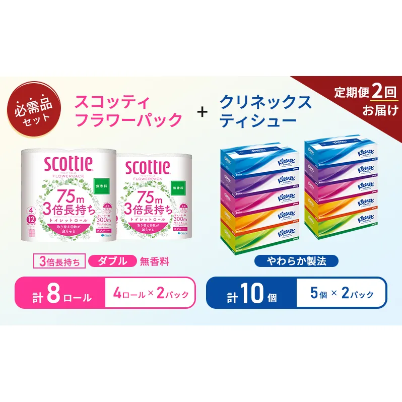 【6ヶ月ごと計2回お届け】ティッシュ クリネックス ティシュー 5箱入×2パック トイレットペーパー ダブル 3倍 長持ち 4ロール入×2パック スコッティ フラワーパック 無香料 長持ち 防災 災害 日用品 生活用品 生活必需品