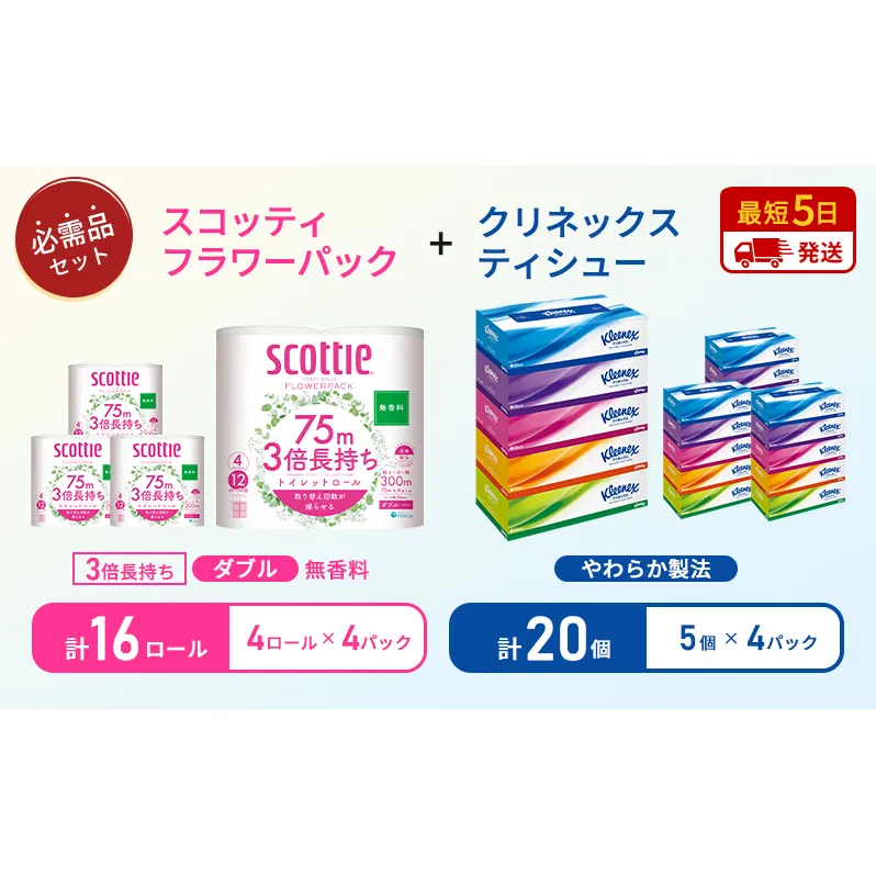 ティッシュ クリネックス ティシュー 5箱入×4パック トイレットペーパー ダブル 3倍 長持ち 4ロール入×4パック スコッティ フラワーパック 無香料 長持ち 防災 災害 日用品 生活用品 生活必需品