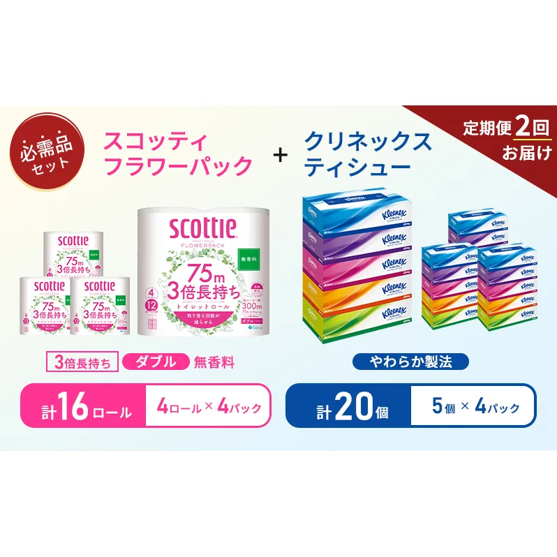 【6ヶ月ごと計2回お届け】ティッシュ クリネックス ティシュー 5箱入×4パック トイレットペーパー ダブル 3倍 長持ち 4ロール入×4パック スコッティ フラワーパック 無香料 長持ち 防災 災害 日用品 生活用品 生活必需品
