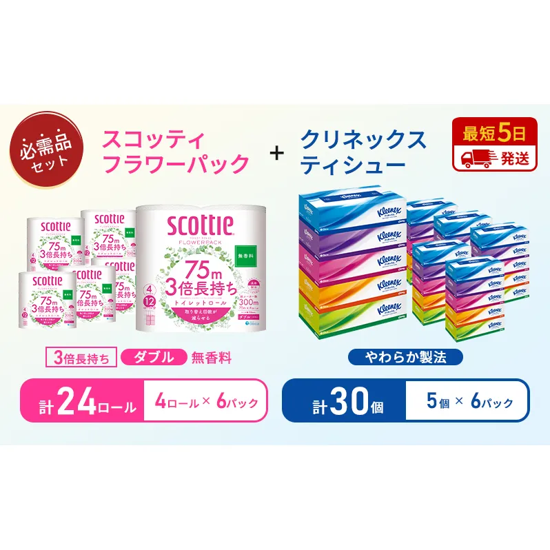【岩沼市オリジナル】ティッシュ クリネックス ティシュー 5箱入×6パック トイレットペーパー ダブル スコッティ3倍長持ち 4ロール×6パック フラワーパック 無香料 長持ち 防災 災害 日用品 生活用品 生活必需品
