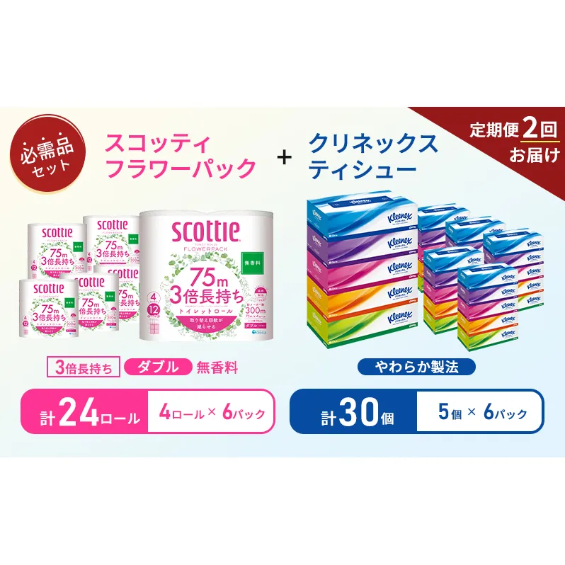【6ヶ月ごと計2回お届け】ティッシュ クリネックス ティシュー 5箱入×6パック トイレットペーパー ダブル スコッティ3倍長持ち 4ロール×6パック フラワーパック 無香料 長持ち 防災 災害 日用品 生活用品 生活必需品