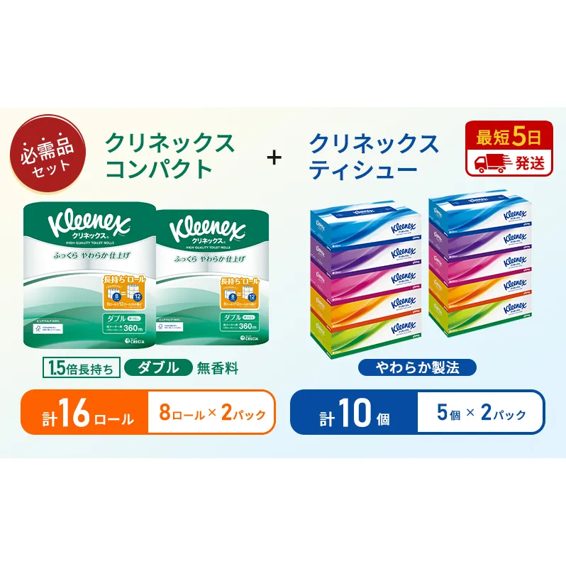 ティッシュ クリネックス ティシュー 5箱入×2パック トイレットペーパー ダブル 1.5 倍巻き 8ロール入×2パック クリネックス コンパクト 無香料 長持ち 防災 災害 日用品 生活用品 生活必需品