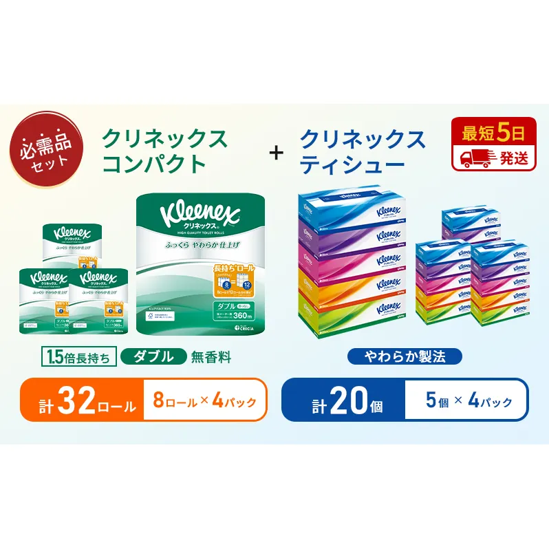ティッシュ クリネックス ティシュー 5箱入×4パック トイレットペーパー ダブル 1.5 倍巻き 8ロール入×4パック クリネックス コンパクト 無香料 長持ち 防災 災害 日用品 生活用品 生活必需品