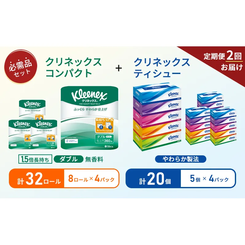 【6ヶ月ごと計2回お届け】ティッシュ クリネックス ティシュー 5箱入×4パック トイレットペーパー ダブル 1.5 倍巻き 8ロール入×4パック クリネックス コンパクト 無香料 長持ち 防災 災害 日用品 生活用品 生活必需品