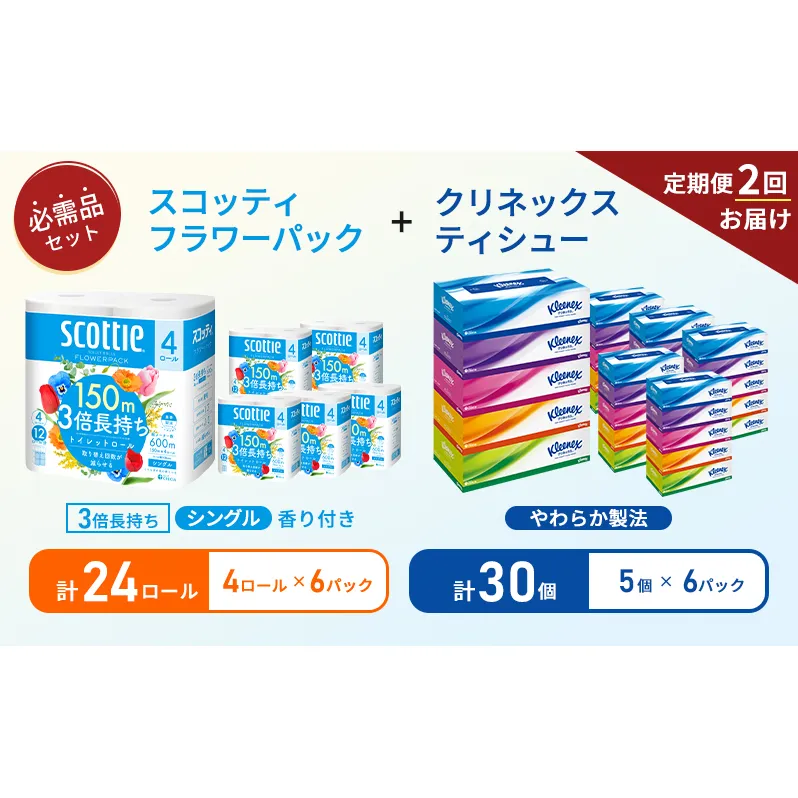 【6ヶ月ごと計2回お届け】ティッシュ クリネックス ティシュー 5箱入×6パック トイレットペーパー シングル フラワーパック 3倍長持ち 4ロール×6パック 香り付き 長持ち 防災 災害 日用品 生活用品 生活必需品