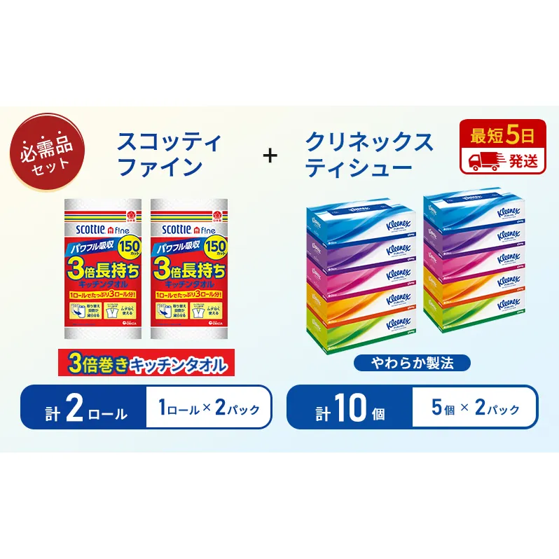 【岩沼市オリジナル】ティッシュ クリネックス ティシュー 5箱入×2パック キッチンペーパー 2パック入 キッチンタオル スコッティ ファイン 1 ロール 3倍 150カット 長持ち 防災 災害 日用品 生活用品 生活必需品