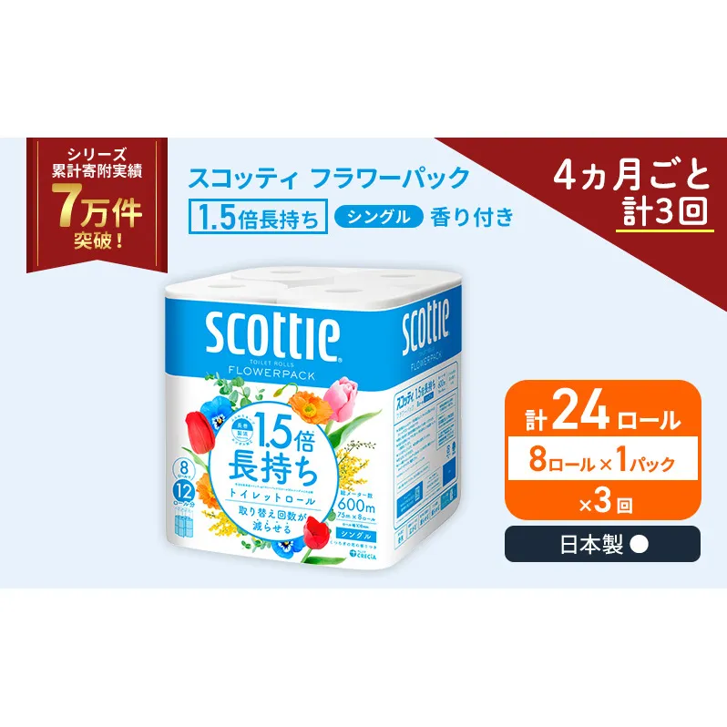 定期便 トイレットペーパー シングル スコッティ 1.5倍長持ち 8ロール × 1パック フラワーパック 香り付き《 4ヶ月ごと計 3回 》