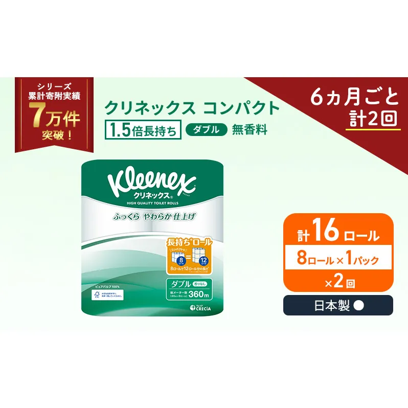 定期便 トイレットペーパー ダブル クリネックス 1.5倍長持ち 8ロール × 1パック コンパクト 無香料《 6ヶ月ごと計 2回 》