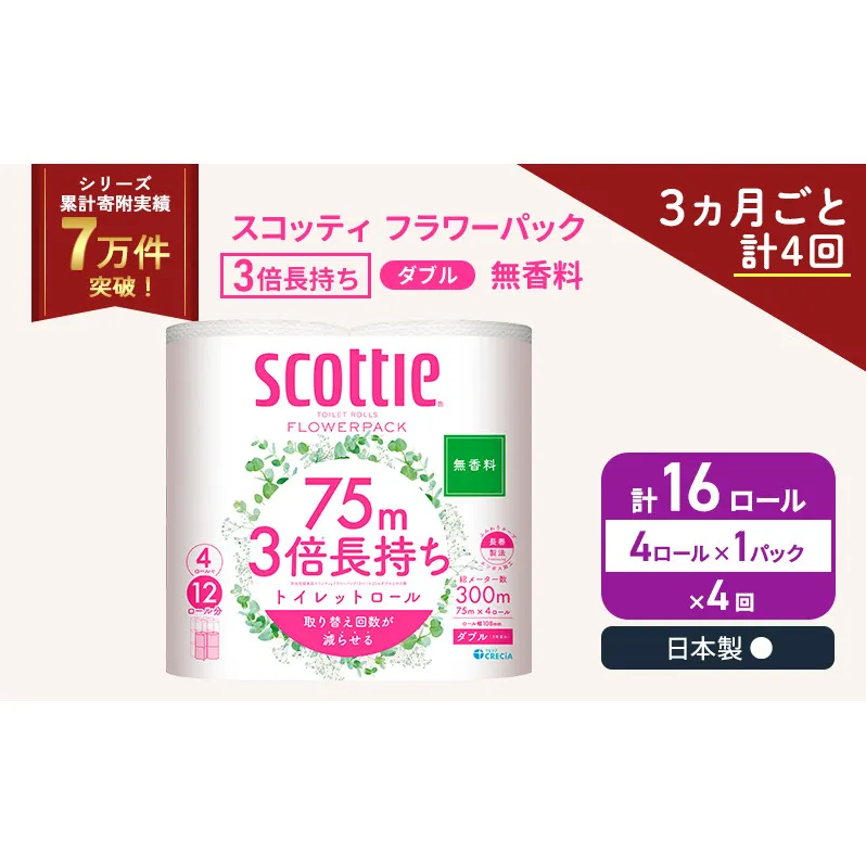 定期便 トイレットペーパー ダブル スコッティ 3倍長持ち 4ロール × 1パック フラワーパック 無香料《 3ヶ月ごと計 4回 》