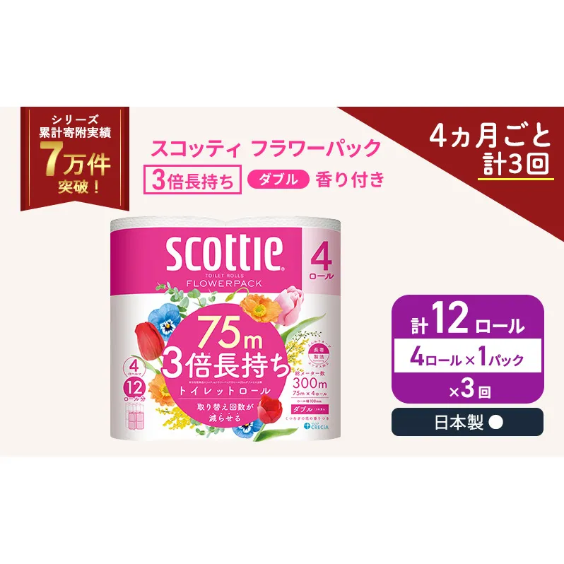 定期便 トイレットペーパー ダブル スコッティ 3倍長持ち 4ロール × 1パック フラワーパック 香り付き《 4ヶ月ごと計 3回 》