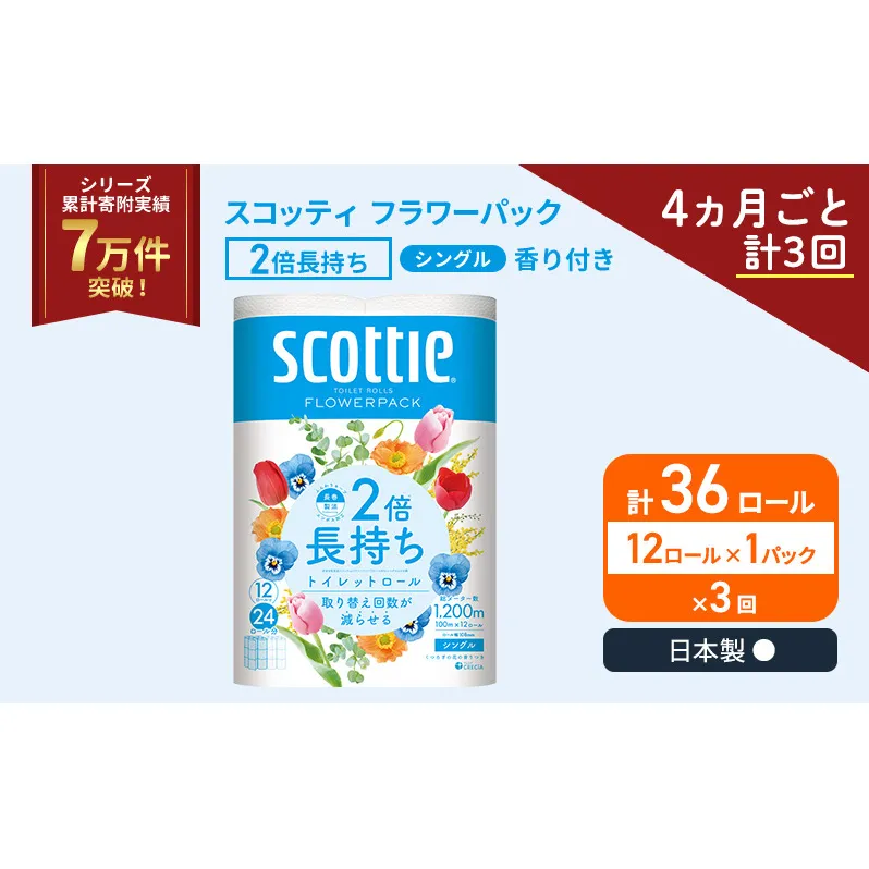 定期便 トイレットペーパー シングル スコッティ 2倍長持ち 12ロール × 1パック フラワーパック 香り付き《 4ヶ月ごと計 3回 》