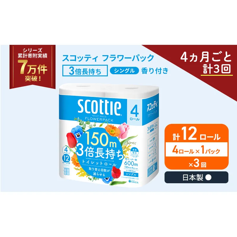 定期便 トイレットペーパー シングル スコッティ フラワーパック 3倍長持ち 4ロール × 1パック 香り付き《 4ヶ月ごと計 3回 》