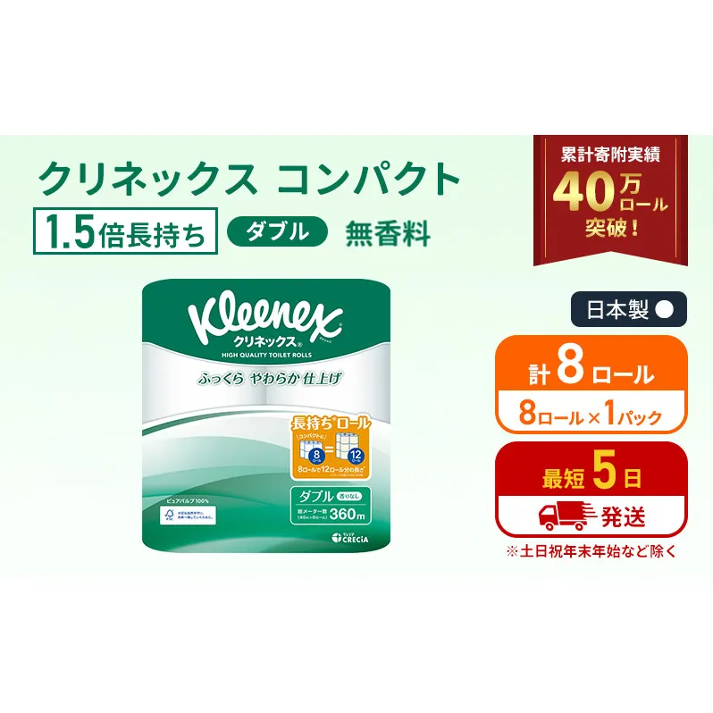 トイレットペーパー ダブル クリネックス 1.5倍長持ち 8ロール ( 8ロール × 1パック ) コンパクト 無香料
