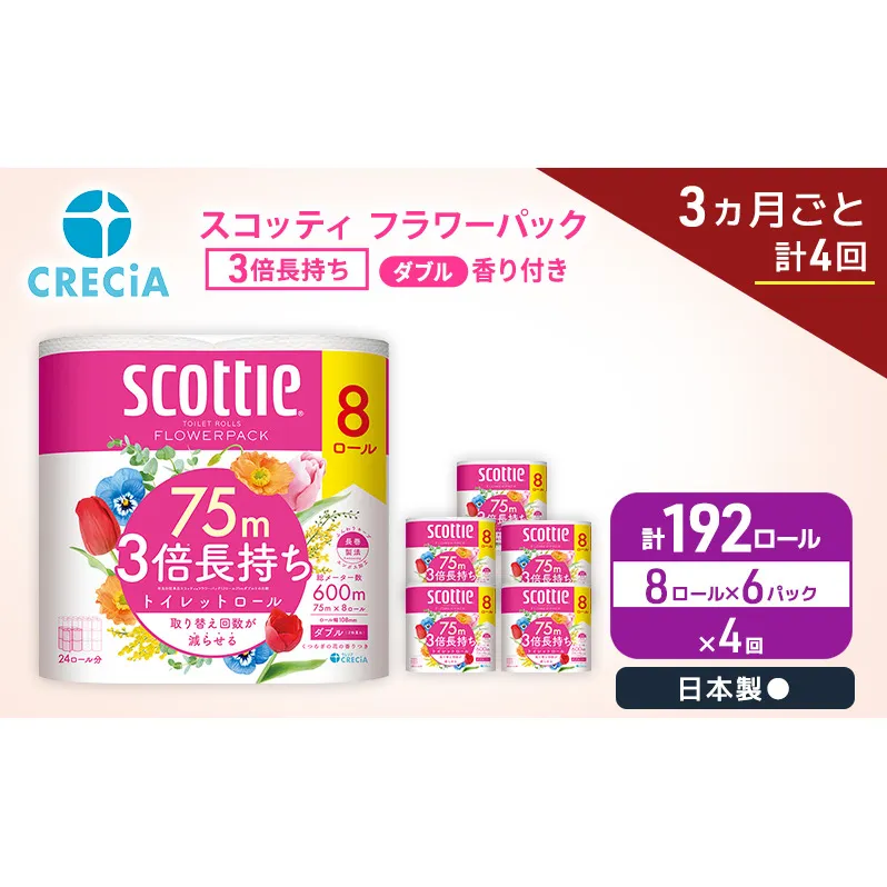 定期便 トイレットペーパー ダブル スコッティ 3倍長持ち 8ロール × 6パック《 3ヶ月ごと計 4回 》 フラワーパック