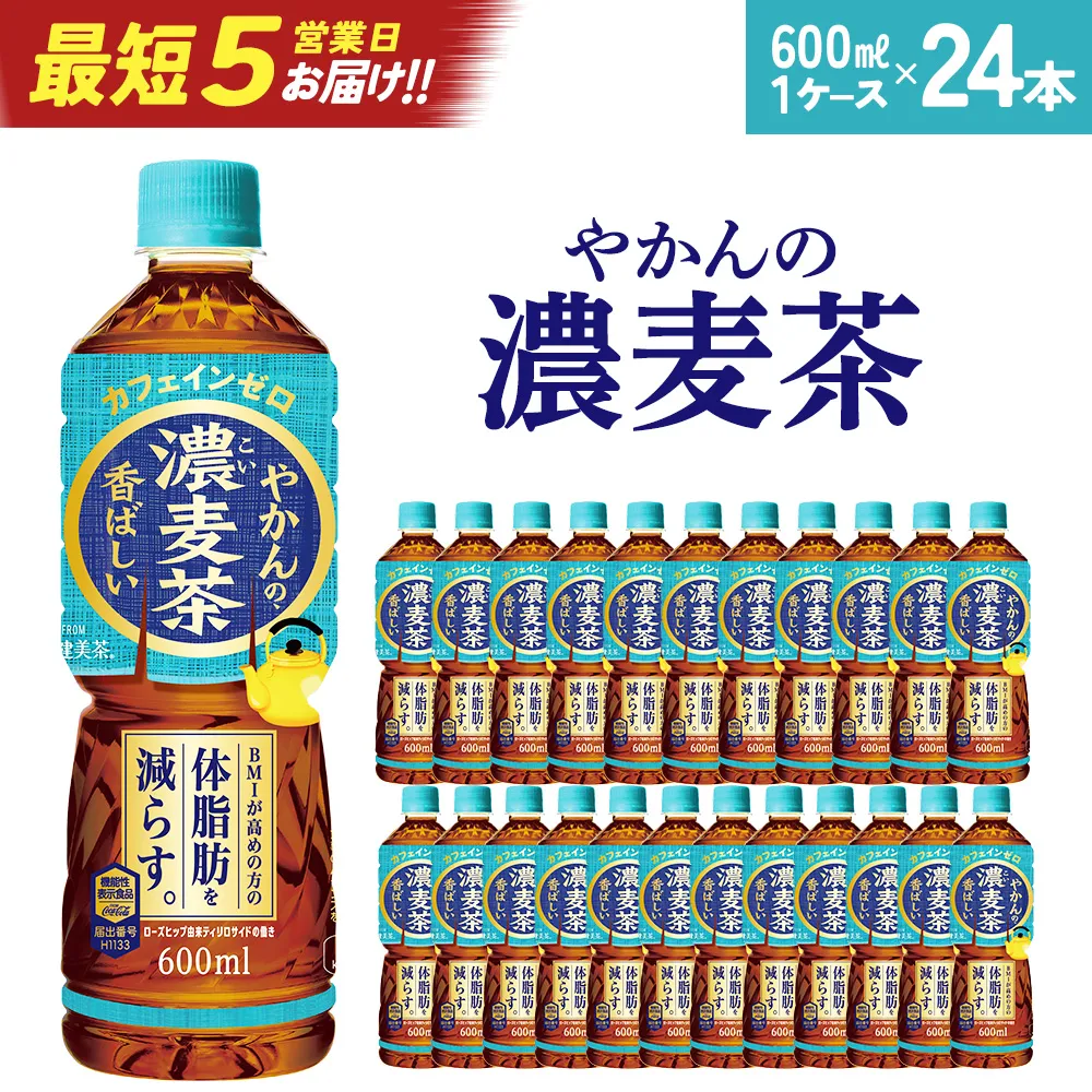 【最短5営業日着！】やかんの濃麦茶 from 爽健美茶 600ml PET×24本　コカコーラ 麦茶 茶 お茶 カフェインレス ペットボトル 常備 備蓄 蔵王 【04301-0928】
