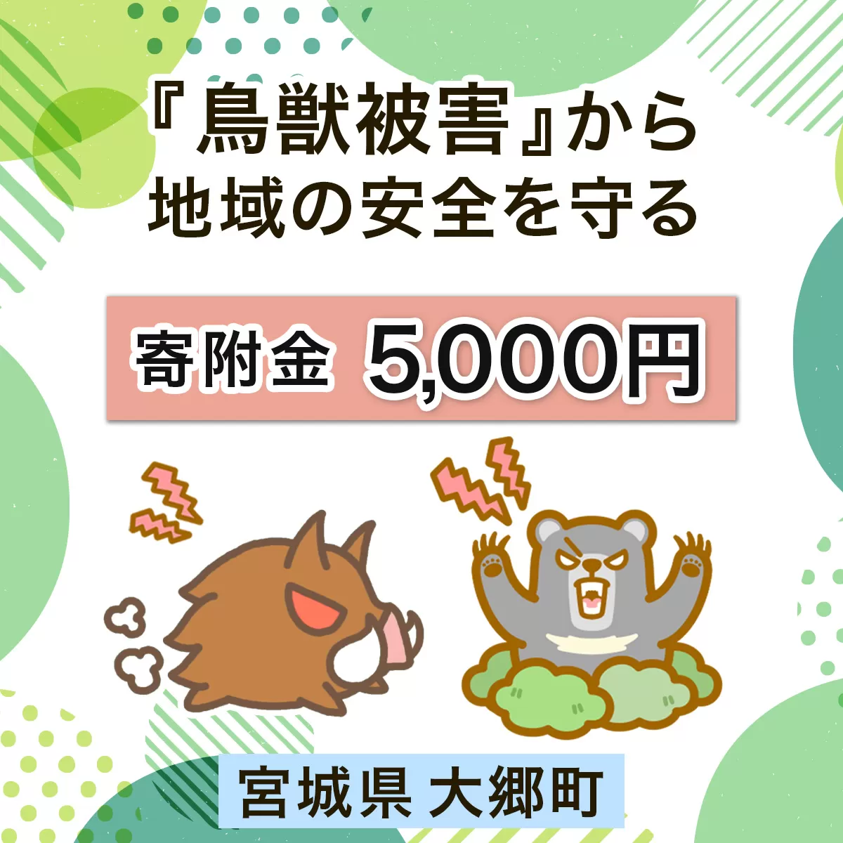 宮城県大郷町への寄付 (返礼品はありません) 鳥獣被害から地域の安全を守る イノシシ・熊出没防止対策・環境整備へのご支援を【寄附額5千円】｜東北 大郷町 おおさと 返礼品無し 寄附 寄付 被害防止 対策 安全確保 生活確保 熊 クマ くま 猪 イノシシ いのしし [0278]