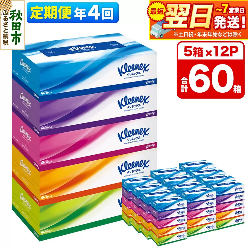《3ヶ月ごとに4回お届け》定期便 ティッシュ クリネックス ティシュー 5箱×12パック 最短翌日発送 秋田県秋田市