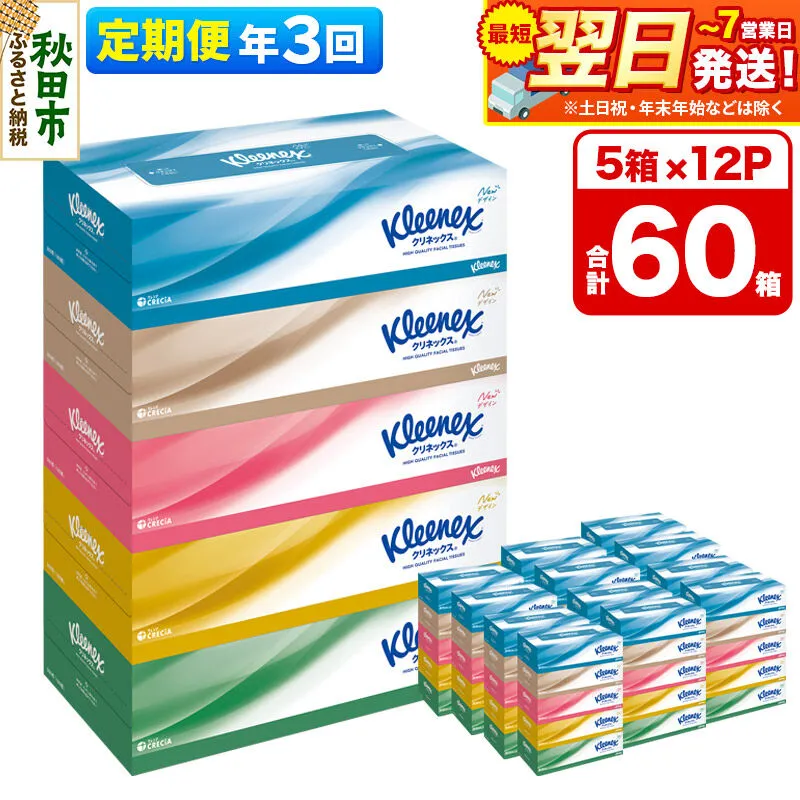 《4ヶ月ごとに3回お届け》定期便 ティッシュ クリネックス ティシュー 5箱×12パック 最短翌日発送 [クリネックス ティッシュ ボックスティッシュ 日本製紙クレシア 定期便] 秋田県秋田市