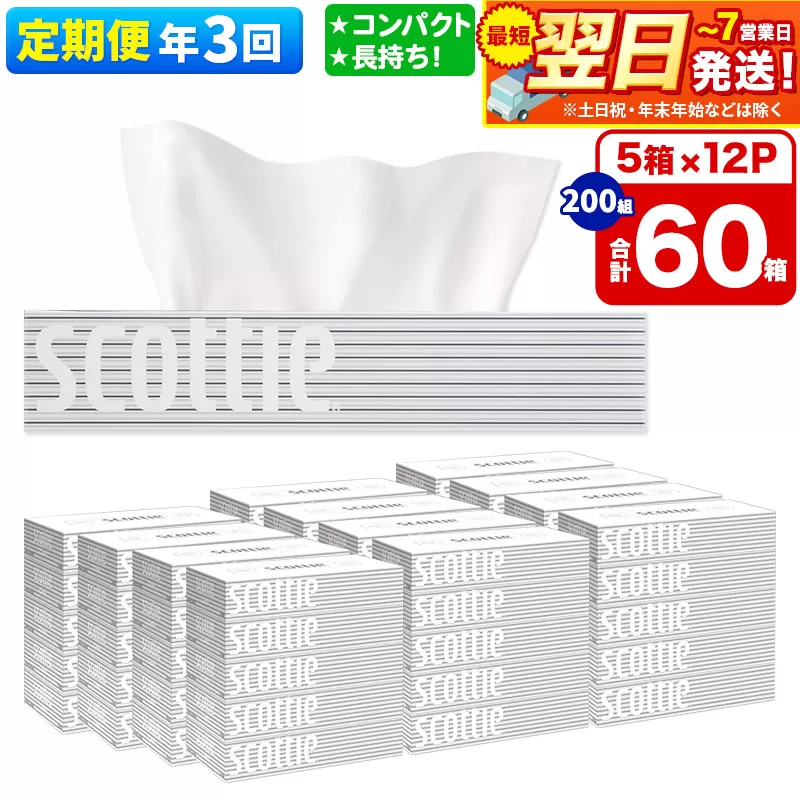 《4ヶ月ごとに3回お届け》定期便 ティッシュペーパー スコッティ 200組 60箱(5箱×12パック) ティッシュ 最短翌日発送 秋田県秋田市