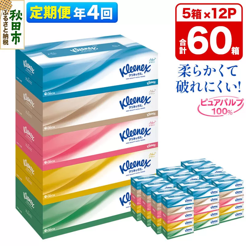 《3ヶ月ごとに4回お届け》定期便 ティッシュ クリネックス ティシュー 5箱×12パック [ティッシュ ボックスティッシュ 定期便] 秋田県秋田市