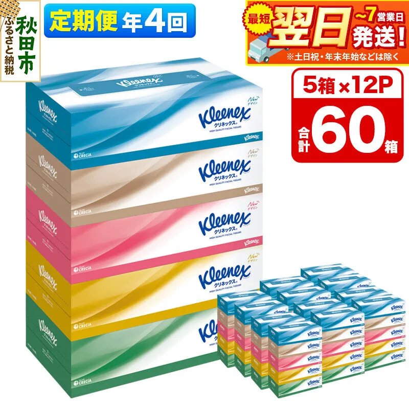 《3ヶ月ごとに4回お届け》定期便 ティッシュ クリネックス ティシュー 5箱×12パック 最短翌日発送 [クリネックス ティッシュ ボックスティッシュ 日本製紙クレシア 定期便] 秋田県秋田市