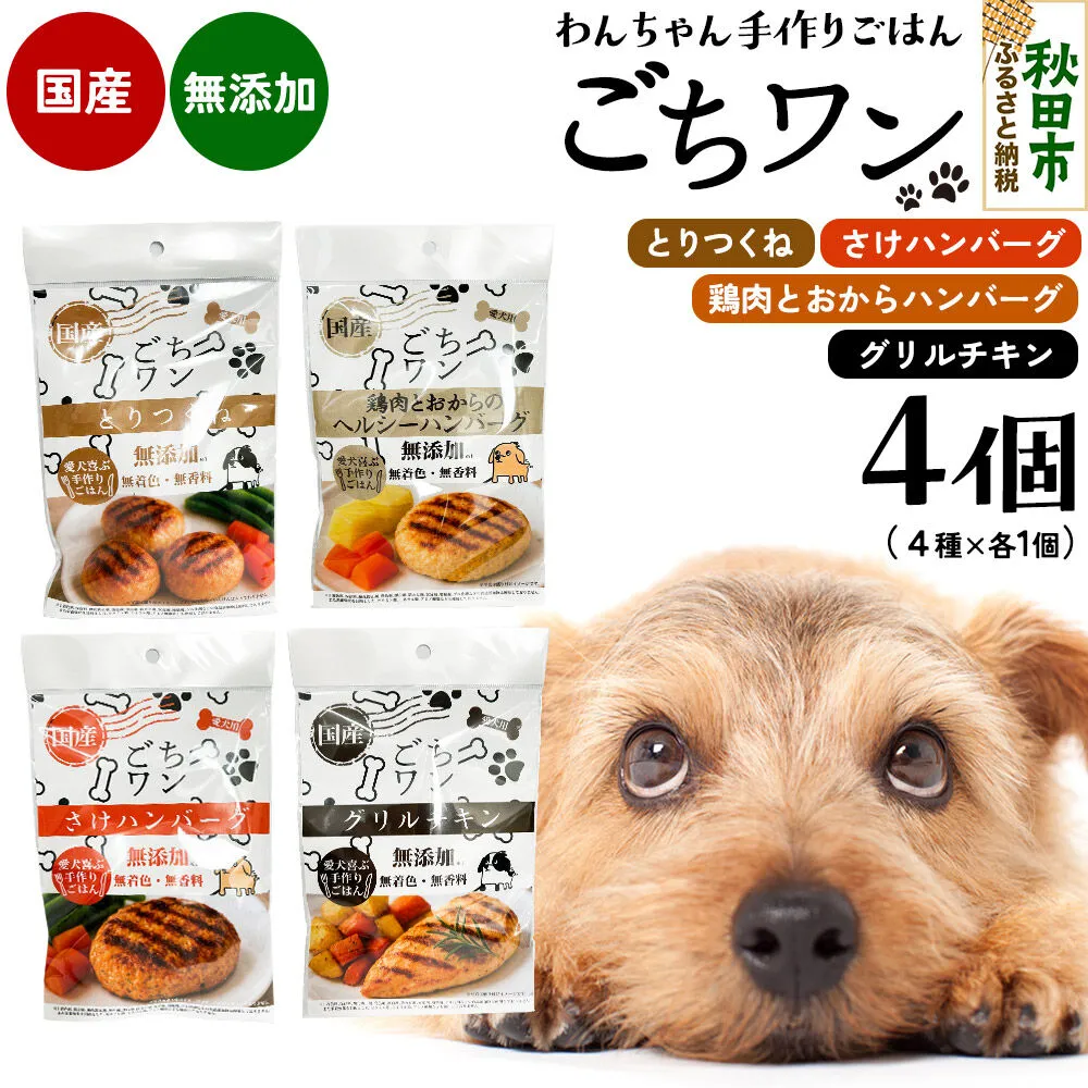 わんちゃん手づくりごはん「ごちワン」レトルト4種セット（とりつくね／鶏肉とおからのヘルシーハンバーグ／さけハンバーグ／グリルチキン）ヘルシー 国産 ドッグフード 無着色・無香料 [犬のごはん 犬のご飯 国産 ペット用 ペットフード] 秋田県秋田市