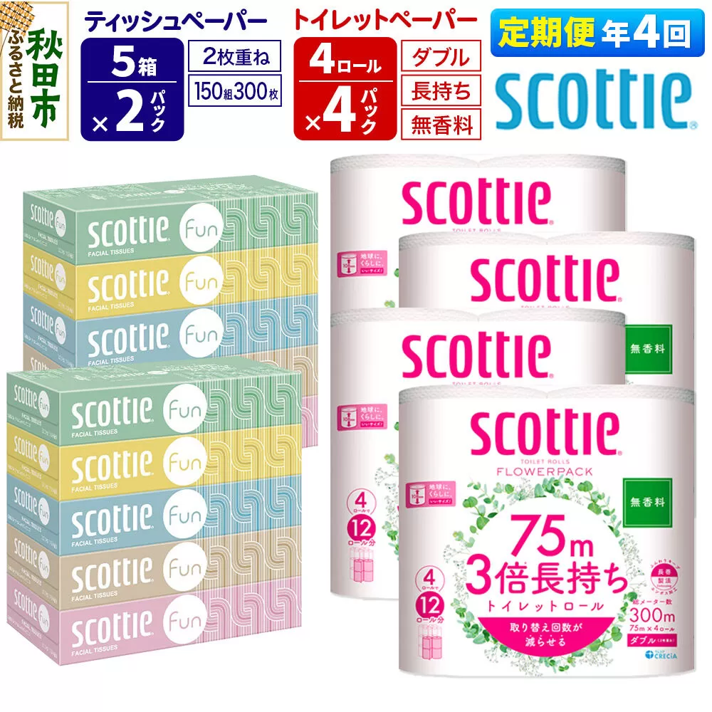 《3ヶ月ごとに4回お届け》定期便 ティッシュペーパー スコッティ ファン 150組 5箱×2パック ＆ スコッティトイレットペーパー ダブル 無香料 3倍長持ち4ロール×4パック 秋田市オリジナル 新生活 [トイレットペーパー ティッシュ ボックスティッシュ] 秋田県秋田市