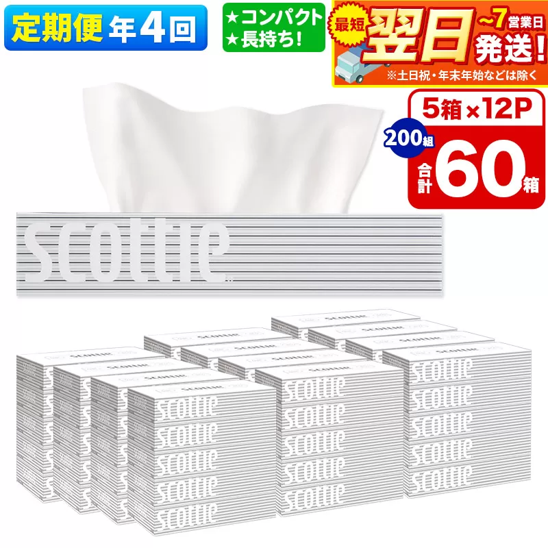 《3ヶ月ごとに4回お届け》定期便 ティッシュペーパー スコッティ 200組 60箱(5箱×12パック) ティッシュ 最短翌日発送 秋田県秋田市