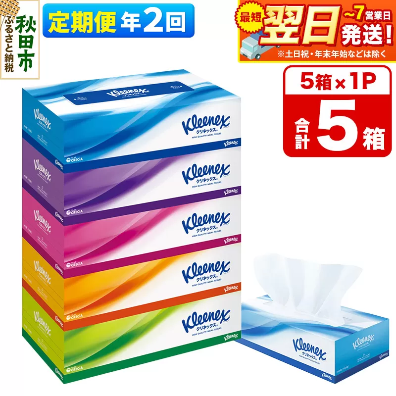 [6ヶ月ごとに2回お届け]定期便 ティッシュペーパー クリネックス ティシュー 5箱×1パック 秋田市オリジナル 最短翌日発送 秋田県秋田市