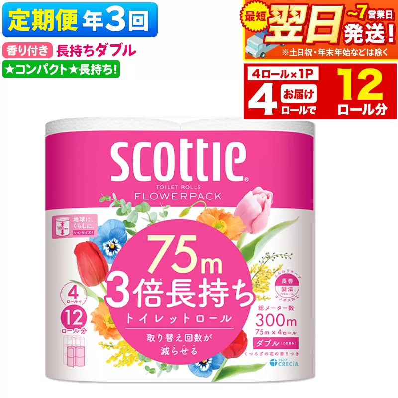 《4ヶ月ごとに3回お届け》定期便 スコッティ フラワーパック 3倍長持ち 4ロール(ダブル)×1パック 秋田市オリジナル 最短翌日発送 秋田県秋田市