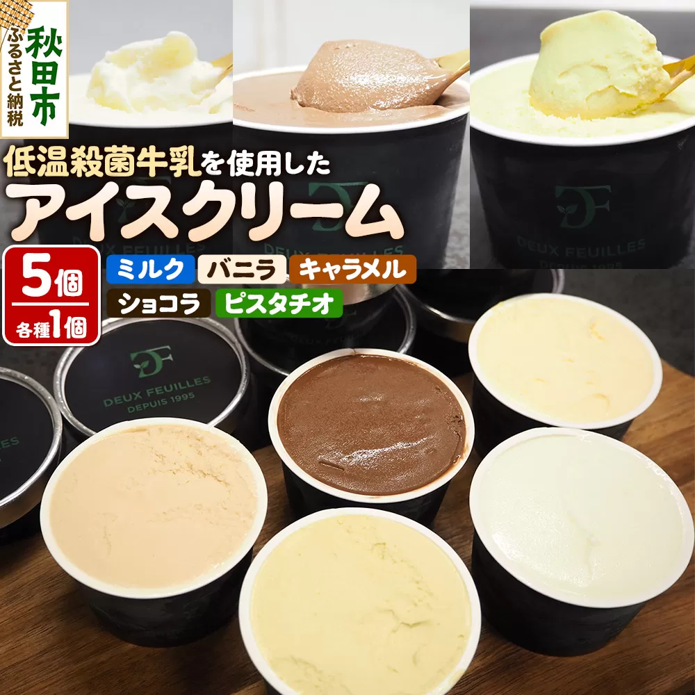 秋田市産 鈴木牛乳の低温殺菌牛乳を使用したアイスクリーム 5種（リッチミルク、バニラ、ショコラ、キャラメル、ピスタチオ）